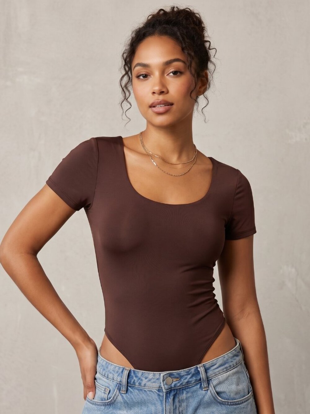 NWT | Mangopop Chocolate Brown Swoop Neck Short Sleeve Fitted Bodysuit | X-Small